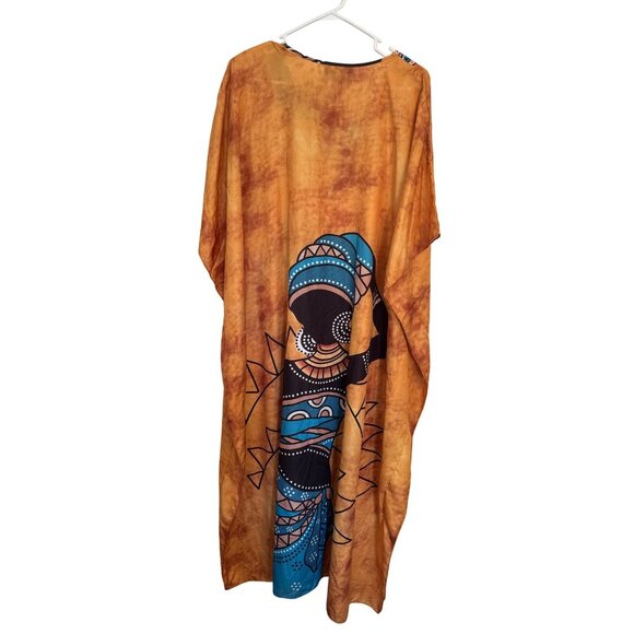 Ashro One Size Caftan Kaftan Dress African-Inspired Print of Woman and Collar - Picture 2 of 4